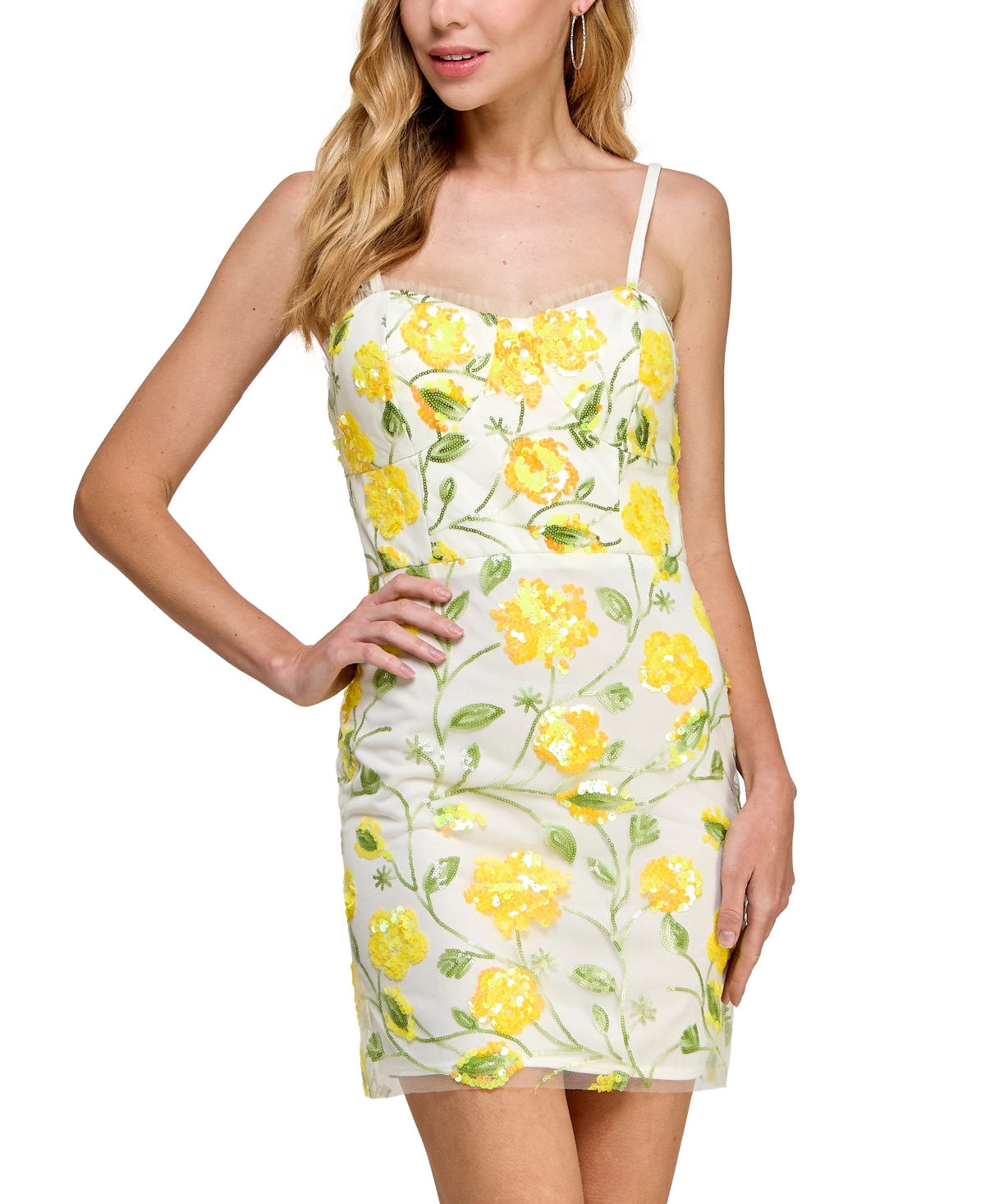 Juniors' Floral-Sequin Sleeveless Dress - Butter