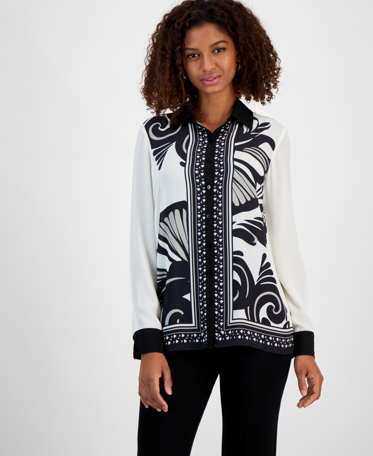 Women's Printed Button-Front Top - Black  White