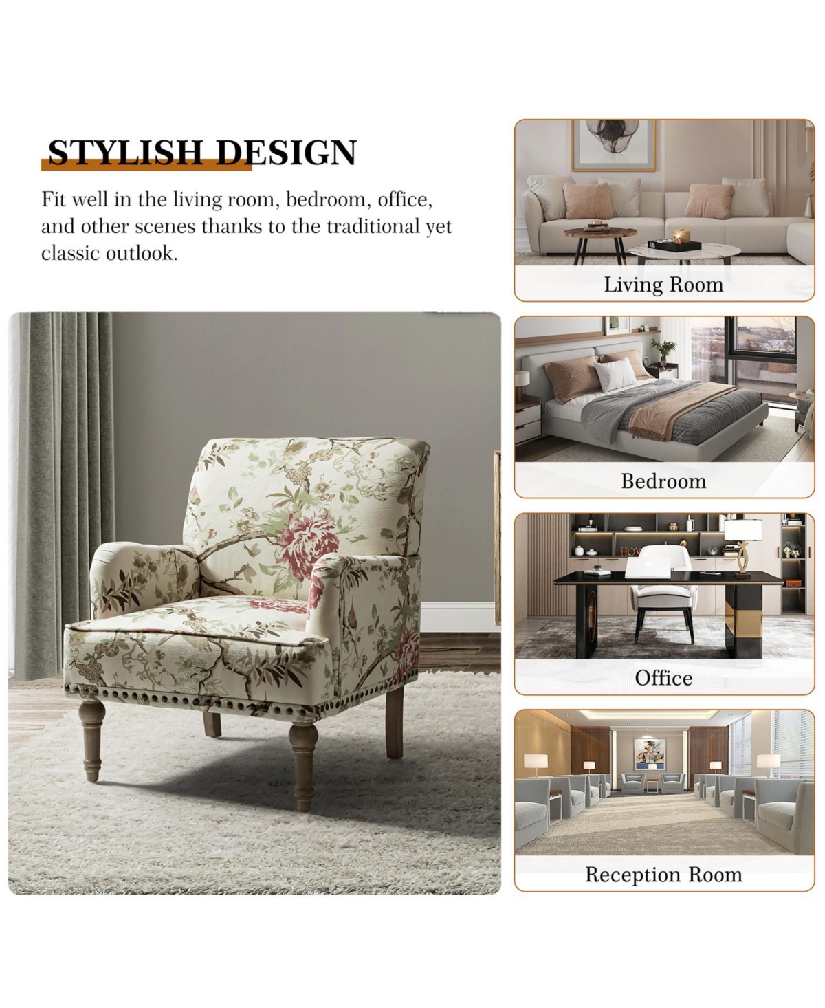 Montross Traditional Wooden Upholstered Armchair with Floral Patterns