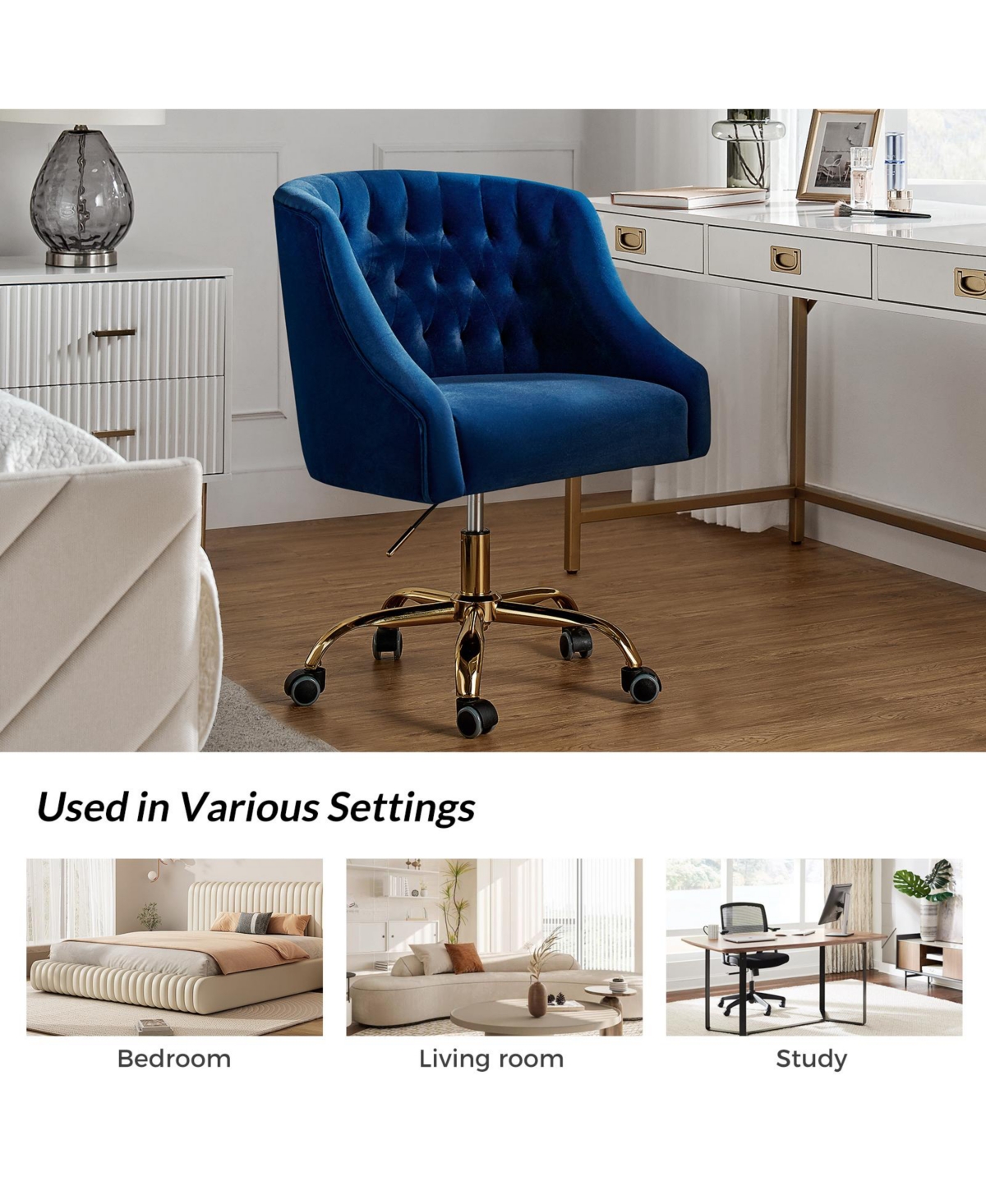 Hulala Home Modern Cute Velvet Desk Chair with Gold Base for Living Room,Bedroom