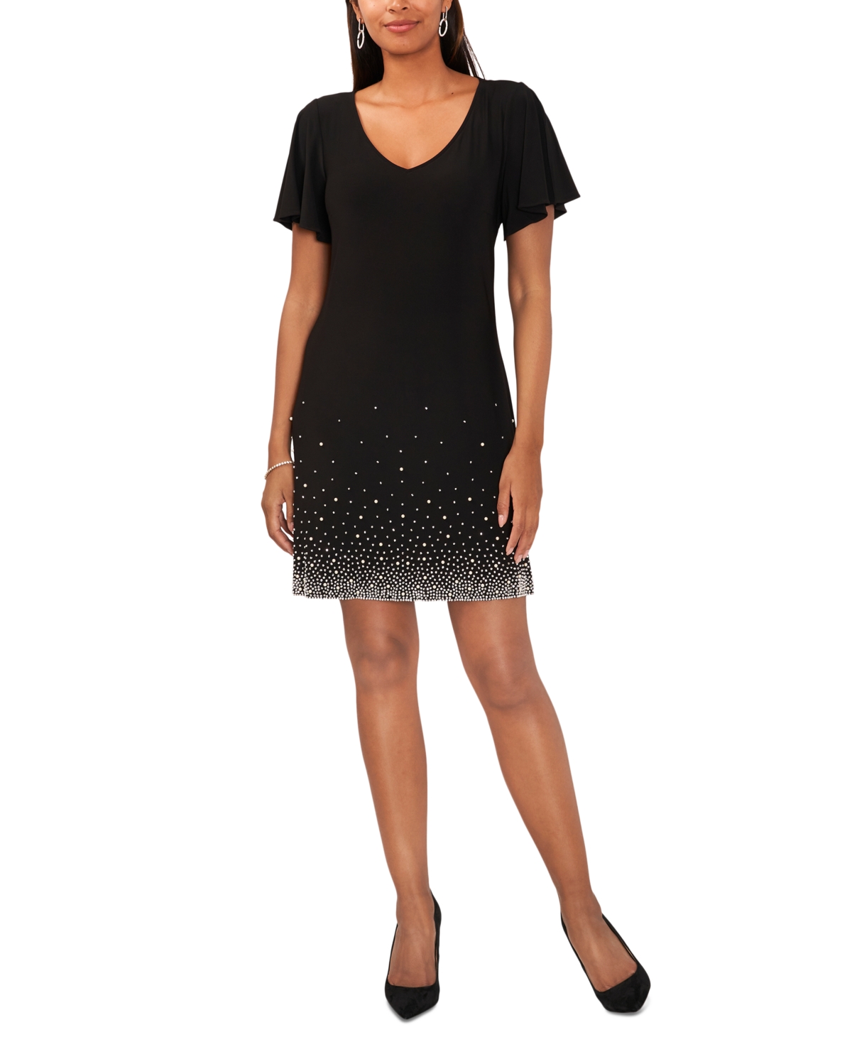 Women's V-Neck Short-Sleeve Embellished-Hem Shift Dress - Black