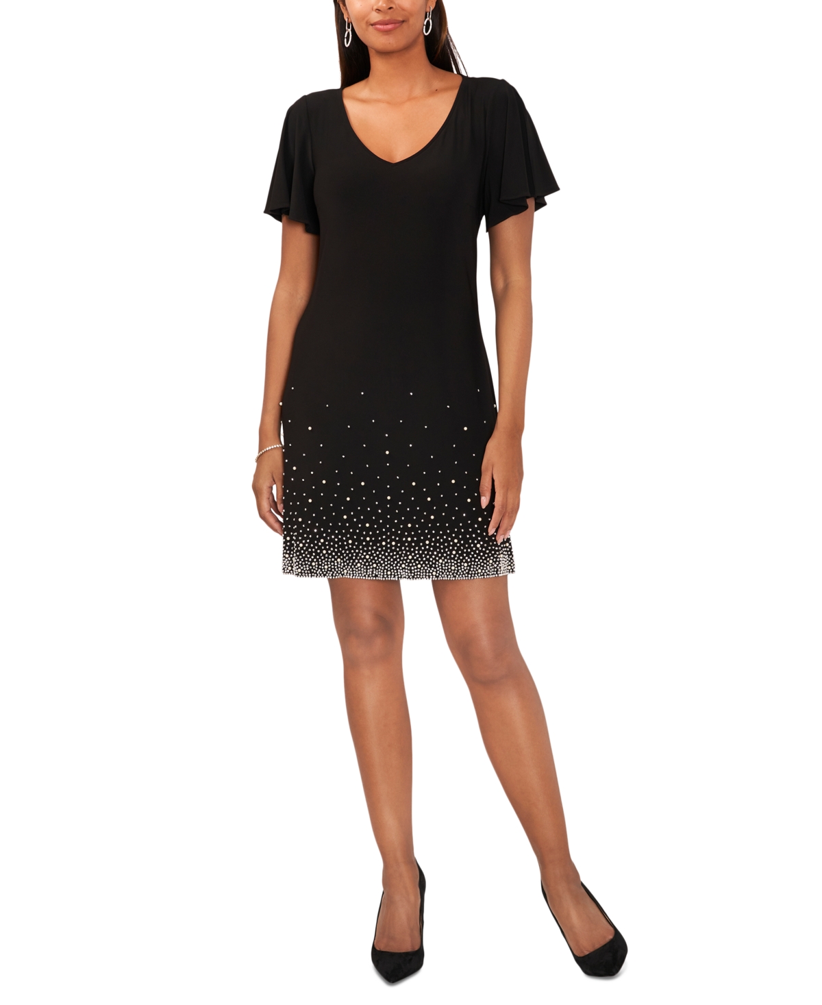 Shop Msk Women's V-neck Short-sleeve Embellished-hem Shift Dress In Black