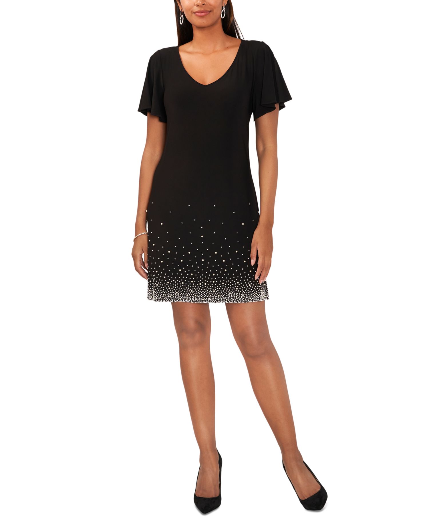 Women's V-Neck Short-Sleeve Embellished-Hem Shift Dress