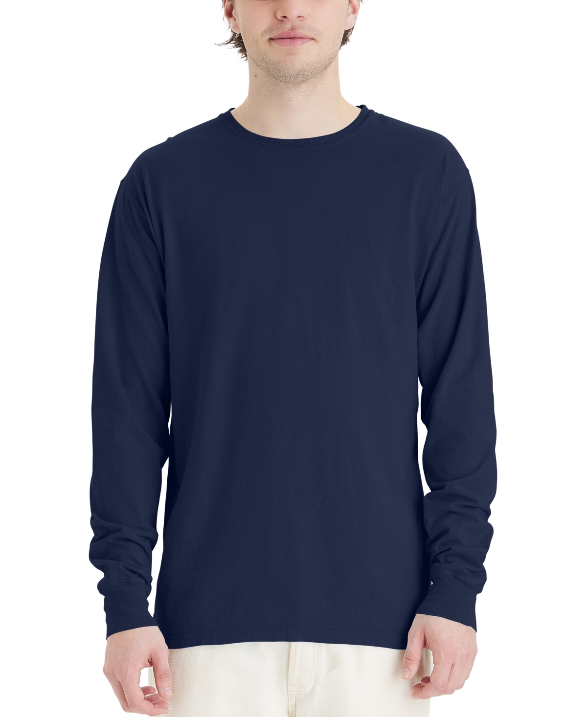 Shop Hanes Unisex Garment Dyed Long Sleeve Cotton T-shirt In Navy