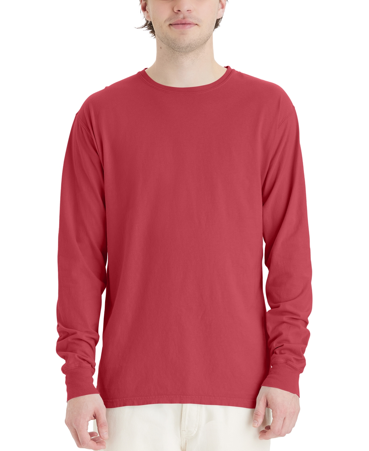 Hanes Unisex Garment Dyed Long Sleeve Cotton T-shirt In Red