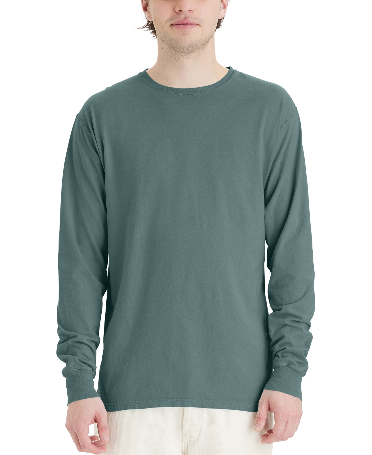 Shop Hanes Unisex Garment Dyed Long Sleeve Cotton T-shirt In Green