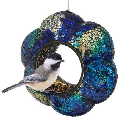 Outdoor Garden Patio Glass Round Flower Shaped Hanging Fly-Through Bird Feeder - 10" - Indigo