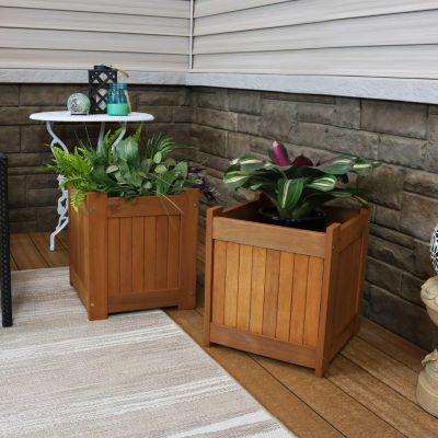 Meranti Wood 16-Inch Square Planter Box with Teak Oil Finish - Set of 2