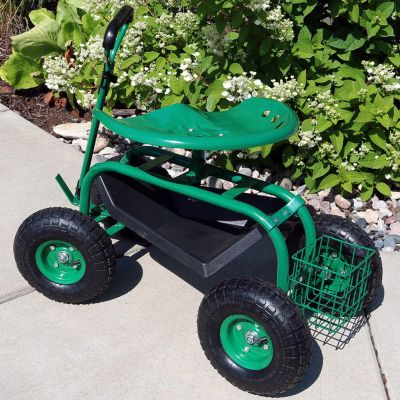 Garden Cart Rolling Scooter with Extendable Steering Handle - Swivel Seat and Utility Basket - Green