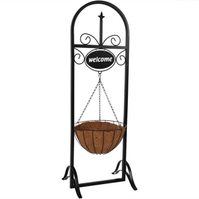 Hanging Basket Planter Stand with Decorative "Welcome" Sign - 48-Inch Tall