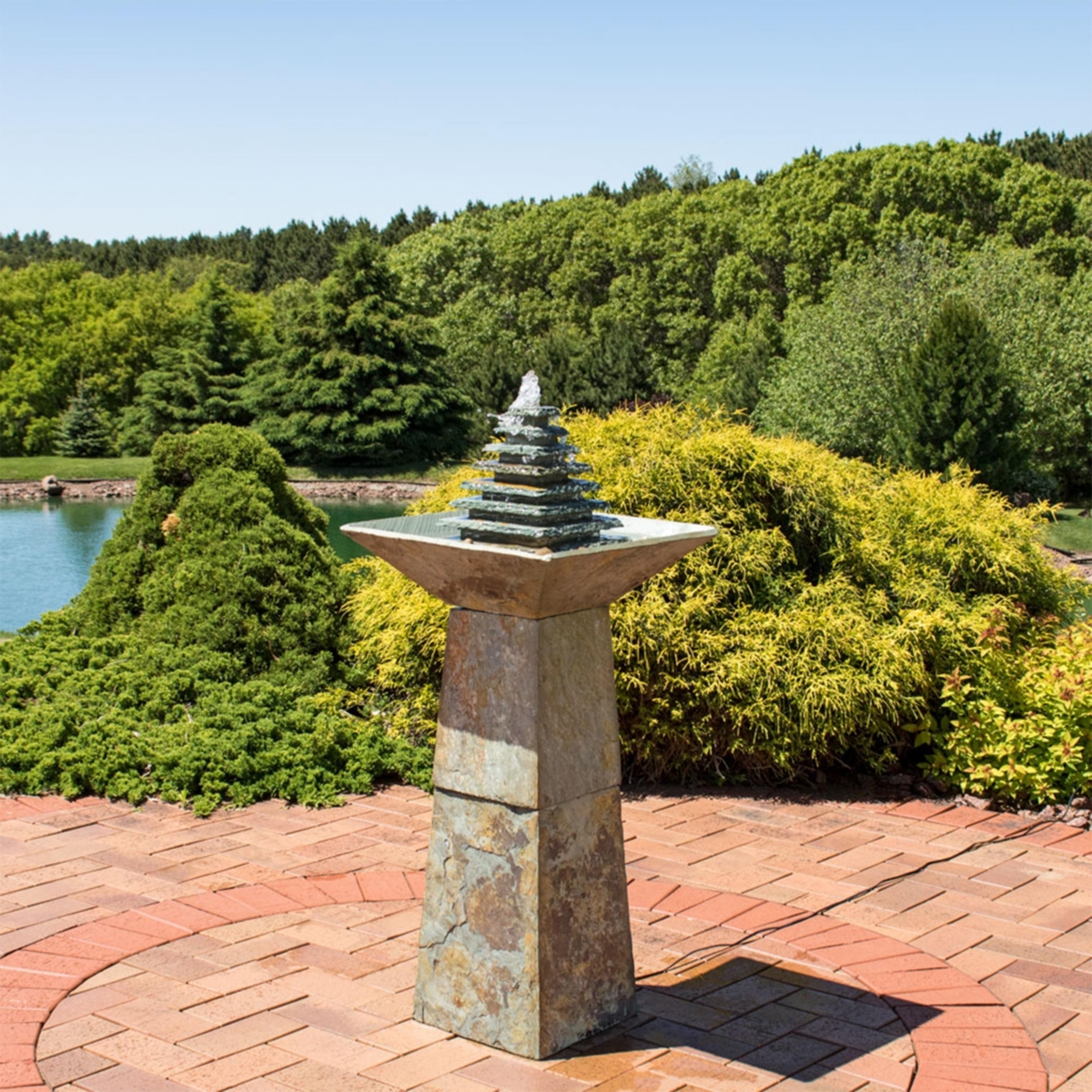 Sunnydaze Decor Layered Slate Pyramid Water Fountain with Led Lights -