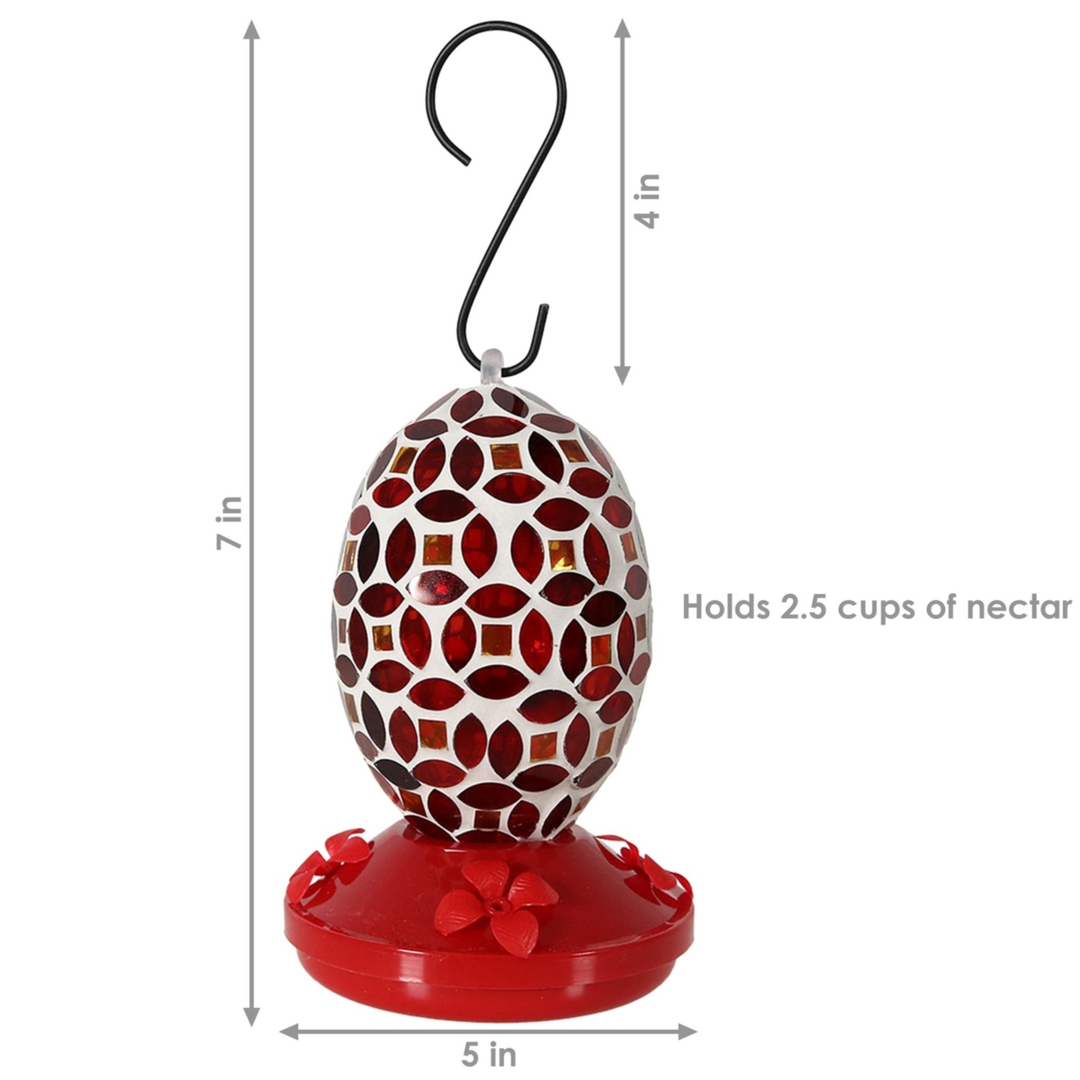 Sunnydaze Decor Glass Oval Mosaic Flower Outdoor Hummingbird Feeder - -- Red