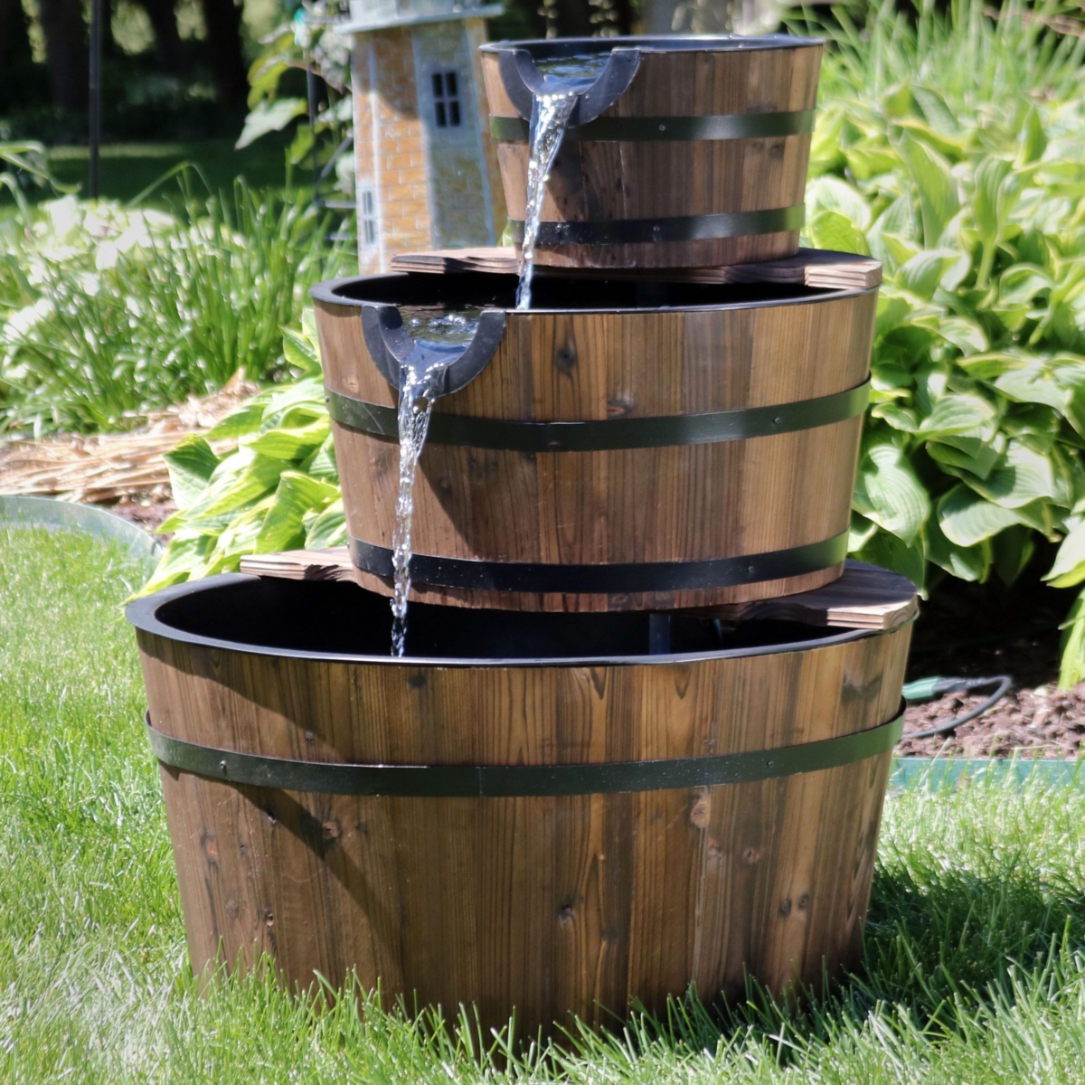 Sunnydaze Decor Rustic 3-Tier Wooden Fir Barrel-Style Water Fountain -