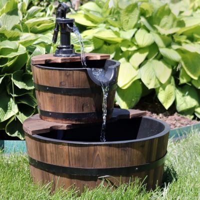 Country Wood Barrel 23-Inch 2-Tier Water Fountain - Electric Submersible Pump
