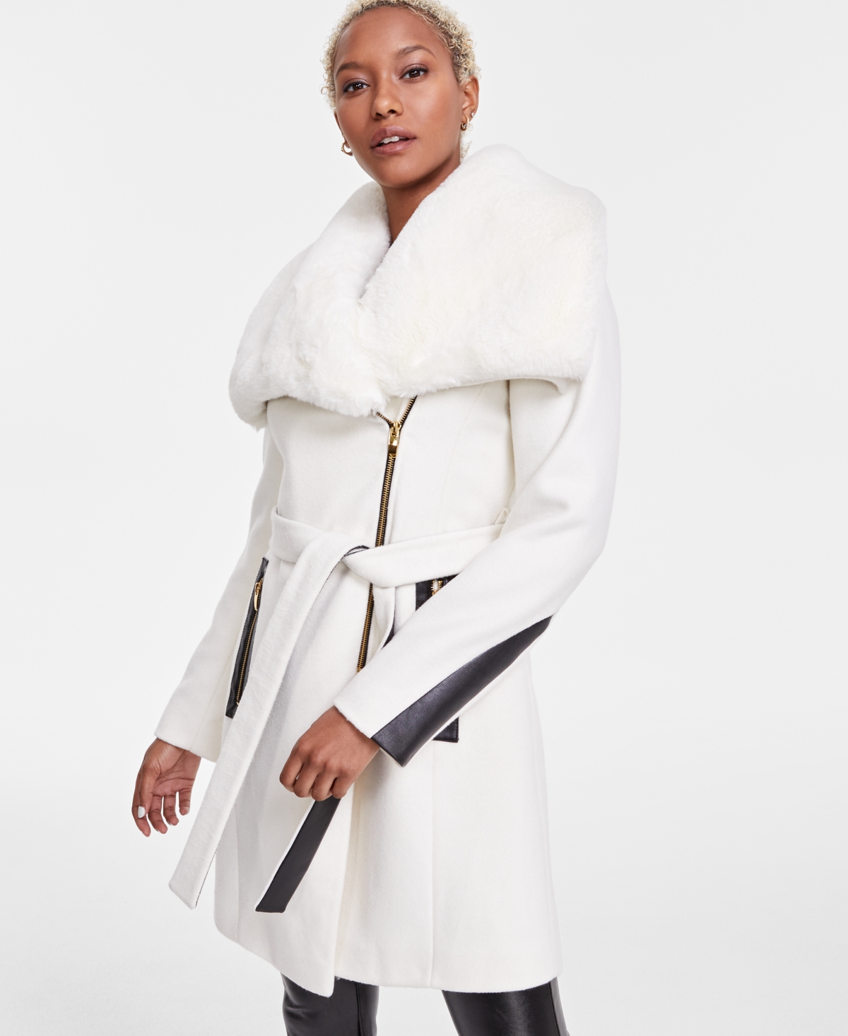 Via Spiga Women's Belted Faux-Fur-Collar Coat