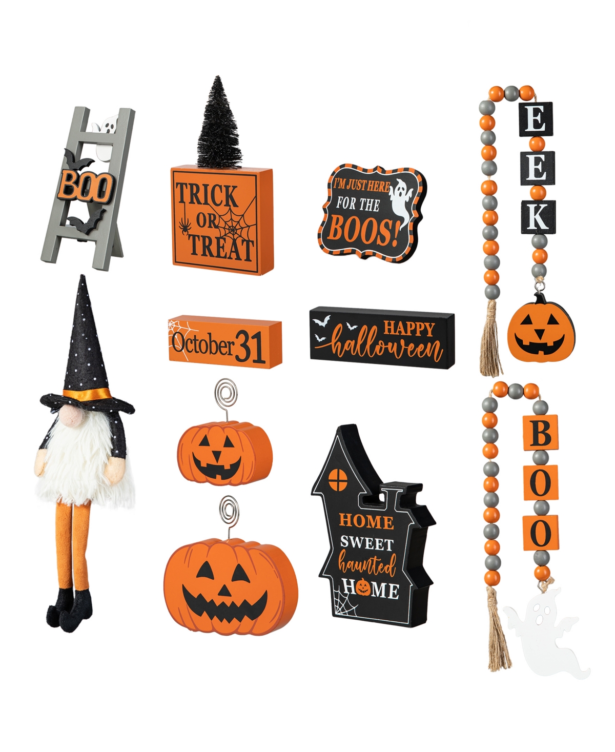 Halloween Wooden Word Signs and Fabric Gnome Tiered Tray Set Table Decor, Set of 11 - Multi