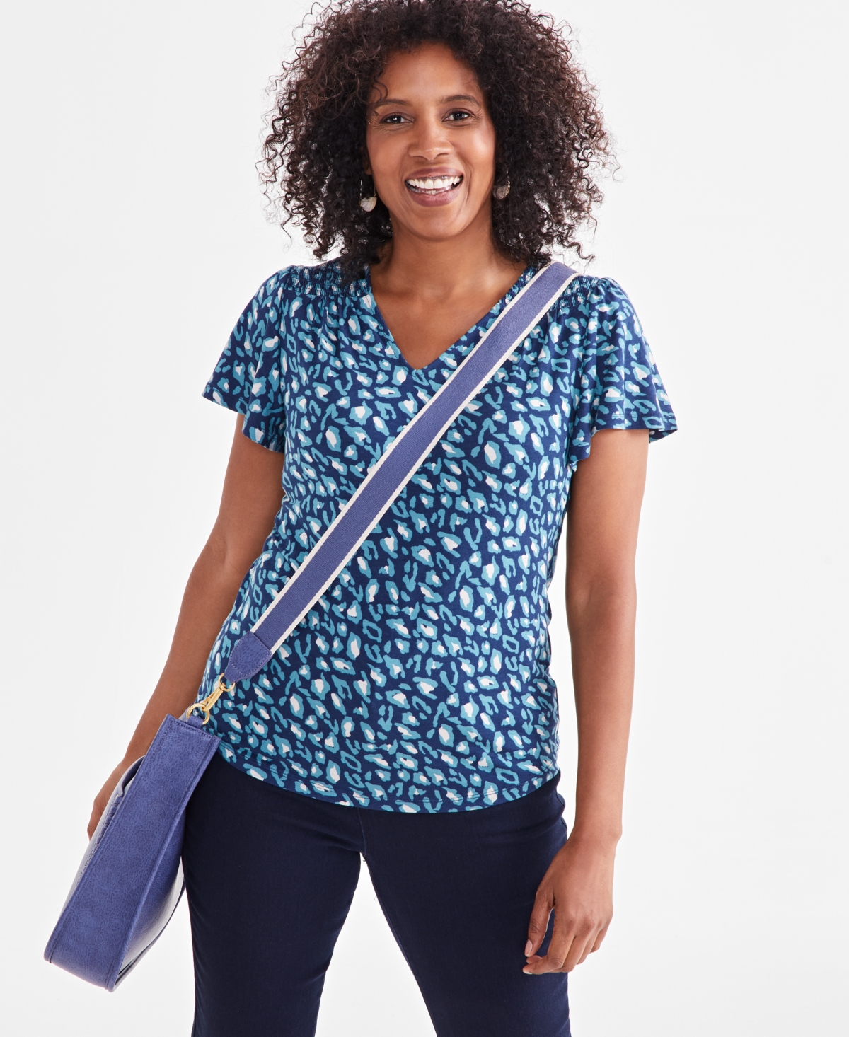 Petite Animal Wind Printed V-Neck Flutter-Sleeve Top, Created for Macy's - Animal Blue