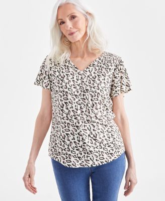 Style & Co - Petite Animal Wind Printed V-Neck Flutter-Sleeve Top