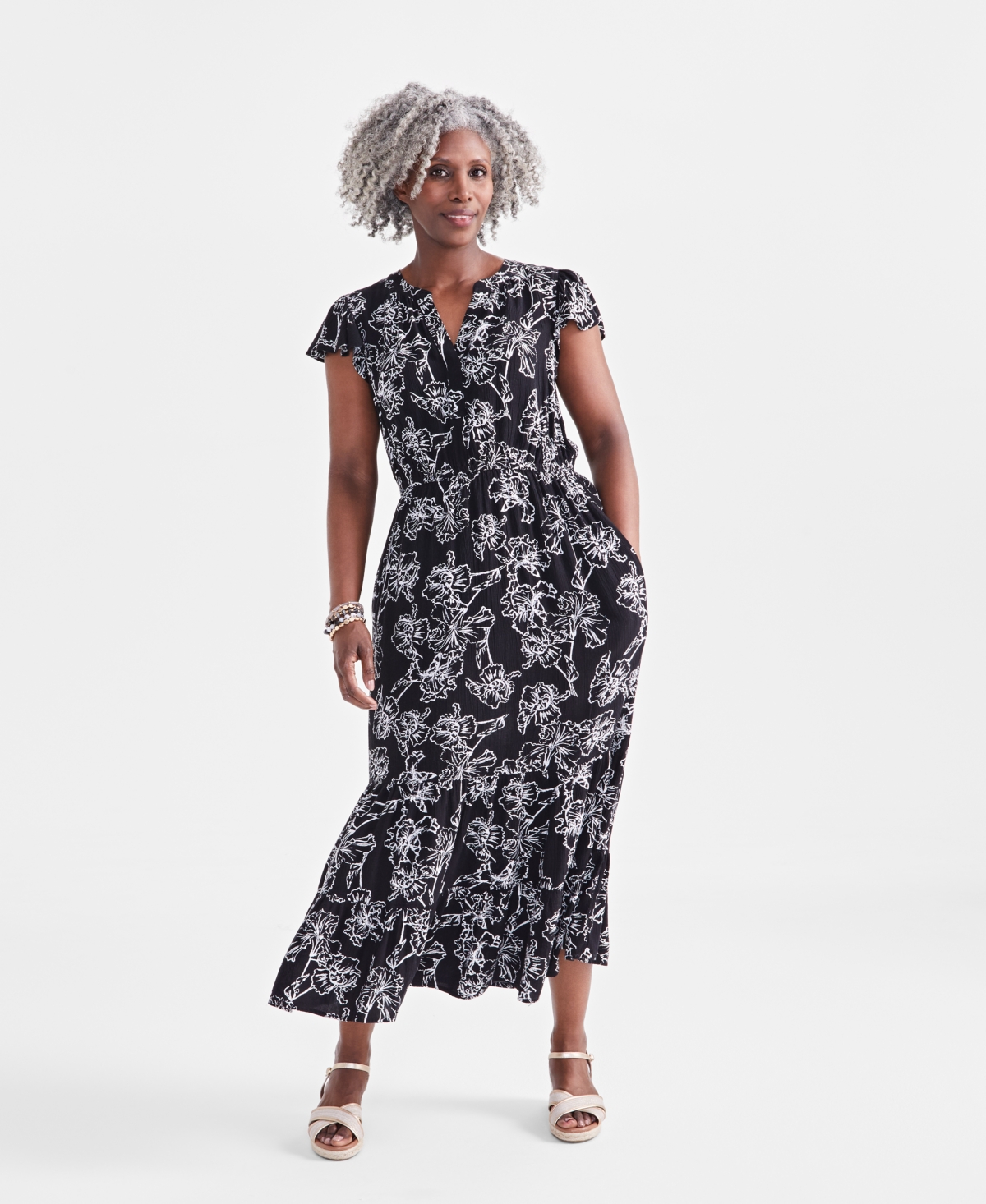 Women's Printed Tiered Ruffled Dress, Created for Macy's - Iris Black