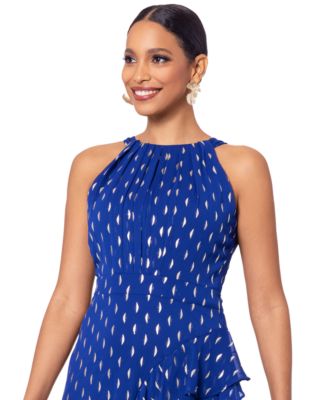 Petite Printed Ruffled Halter Gown