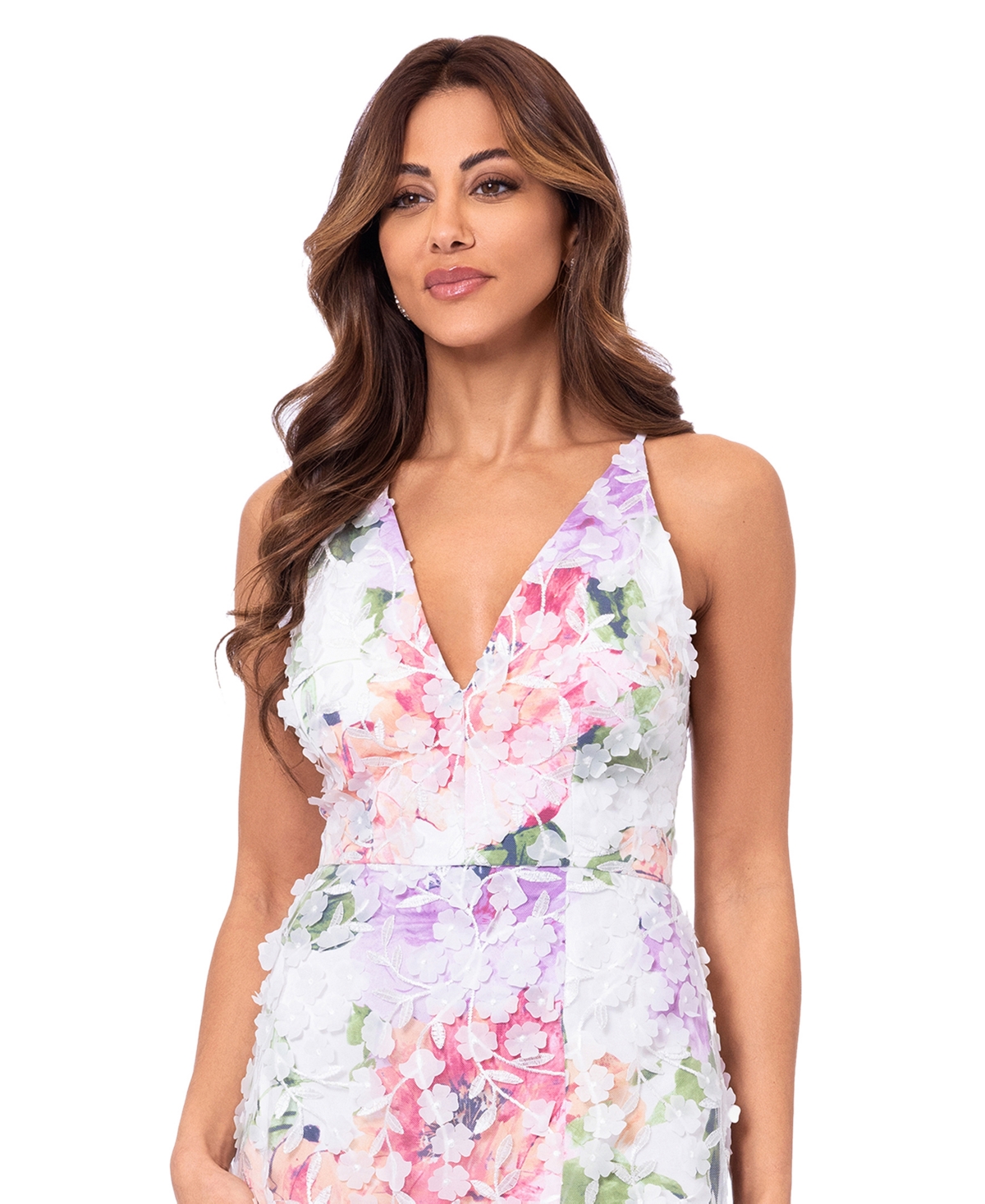 Xscape Women's 3D-Applique Floral-Print Gown -Pink/Green