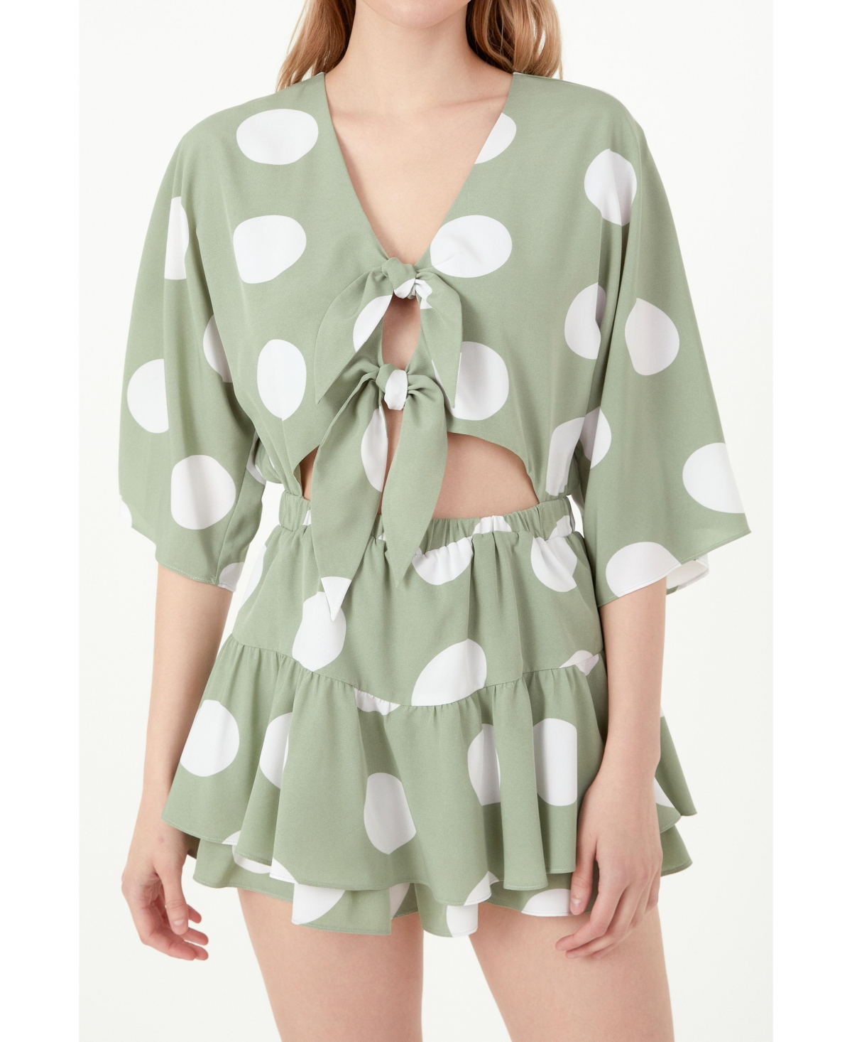 Women's Knotted Front Romper with Ruffle - Pistachio