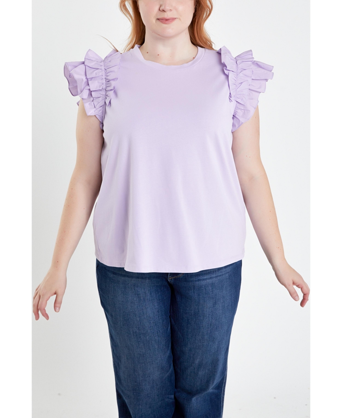 Plus Size Mixed Media Ruffle Detail T-Shirt - Lilac