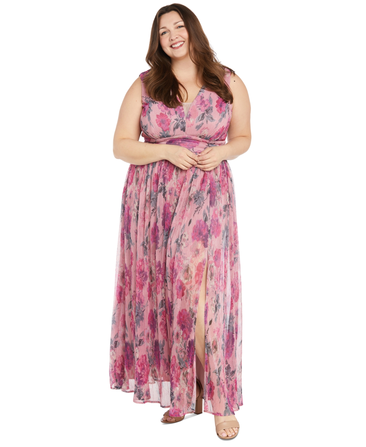 Plus Size Metallic Crinkle-Pleat Floral Dress - Pink Multi