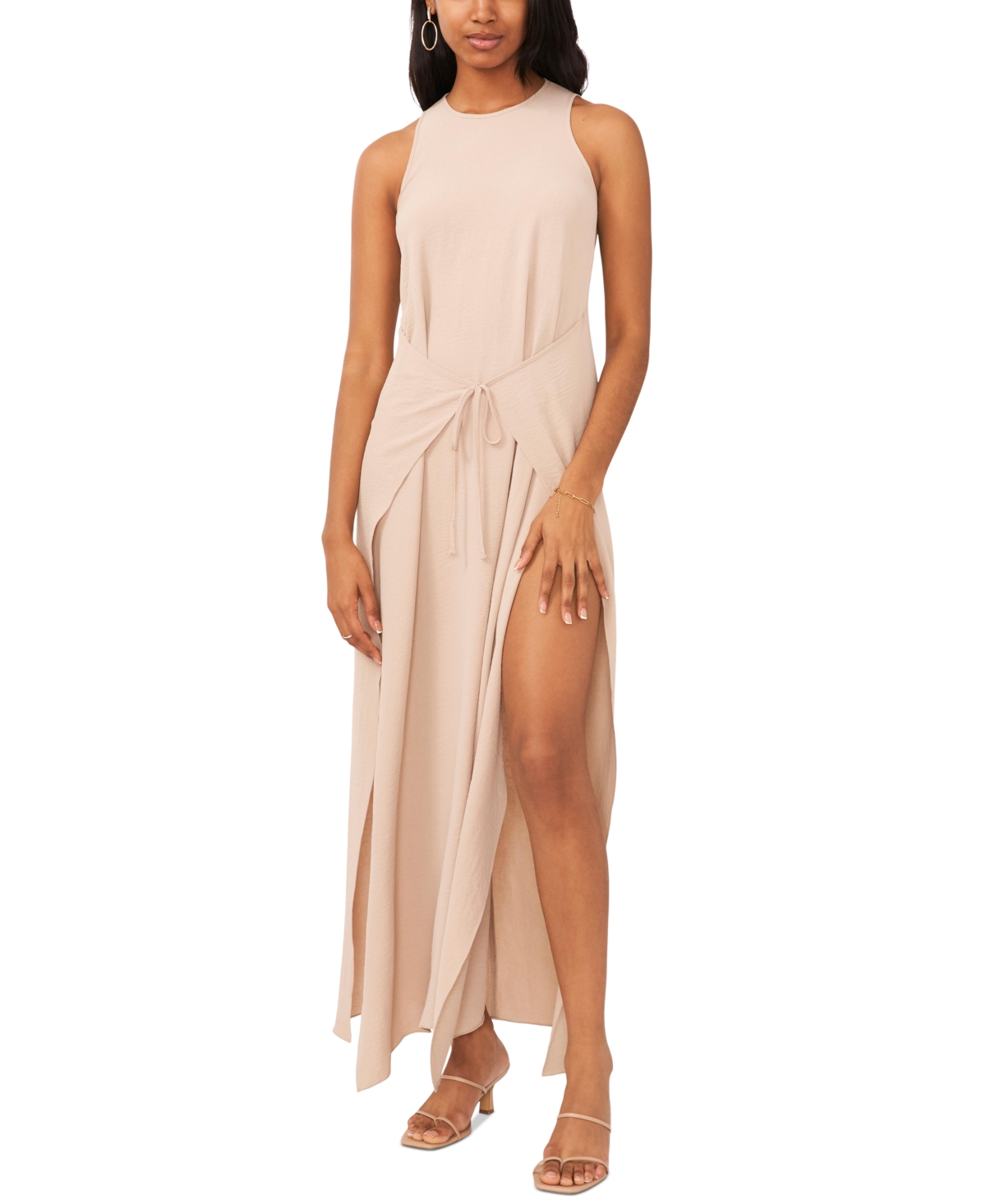Shop Vince Camuto Women's Tie-front Slit Sleeveless Dress In Taupe