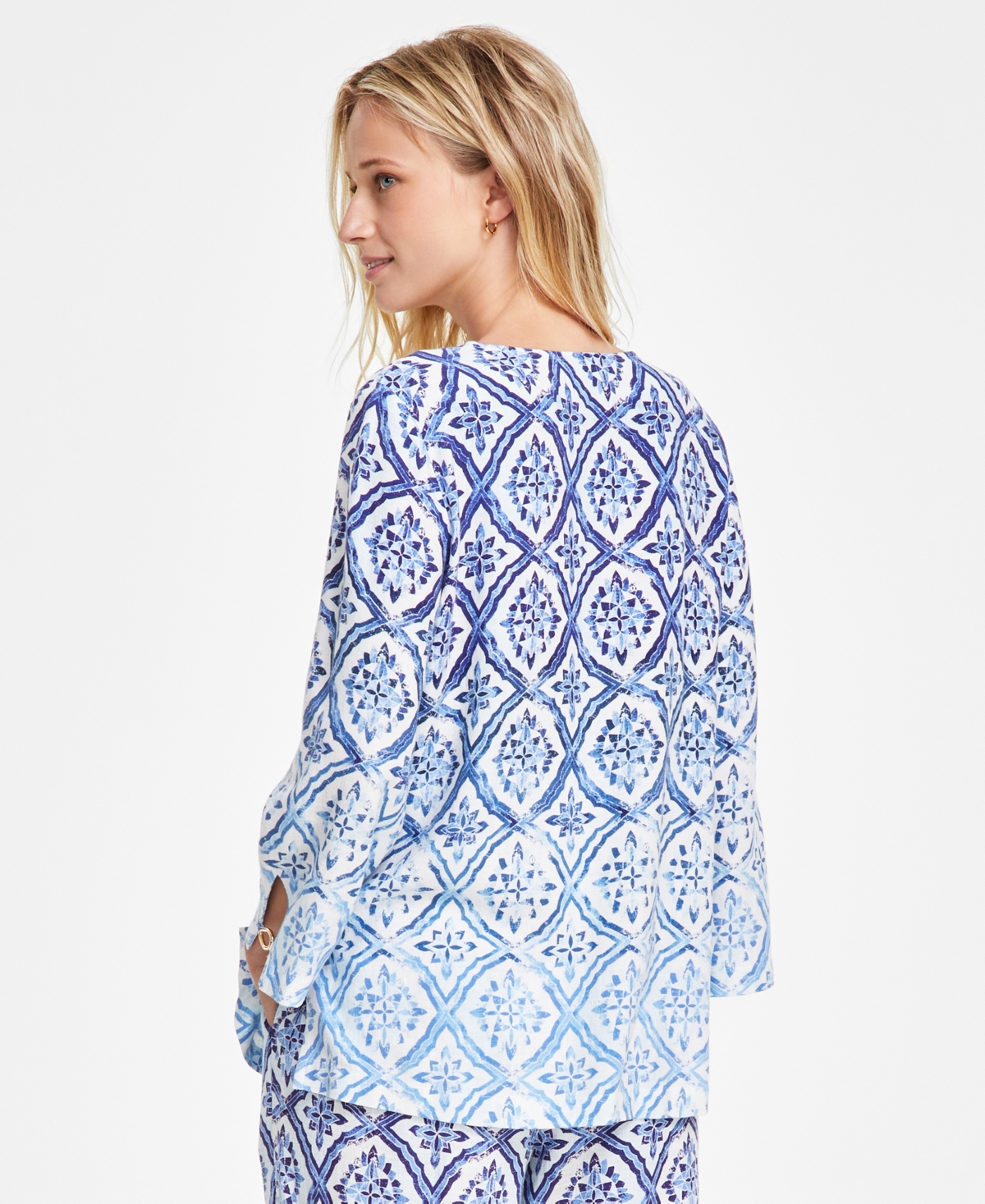 Jm Collection Women's Linen Blend Ombre Printed Hardware-Trim Top, Created for Macy's
