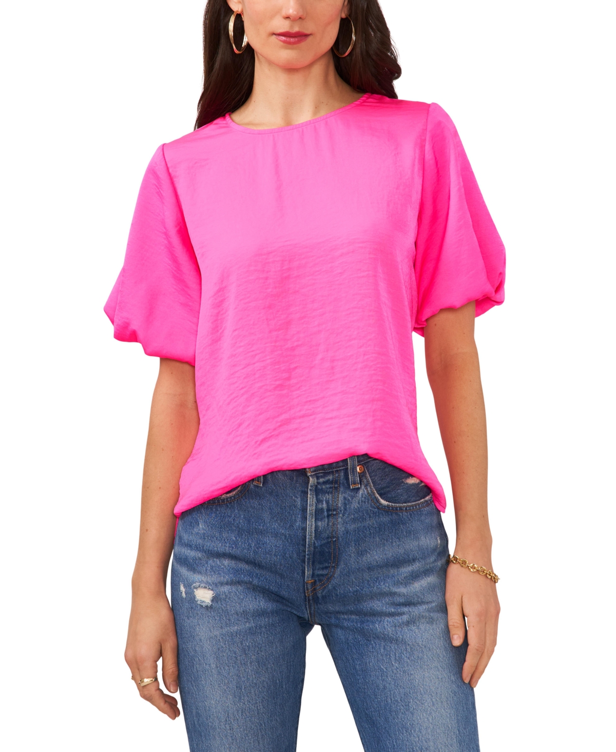 Women's Crewneck Puff Sleeve Blouse - Hot Pink