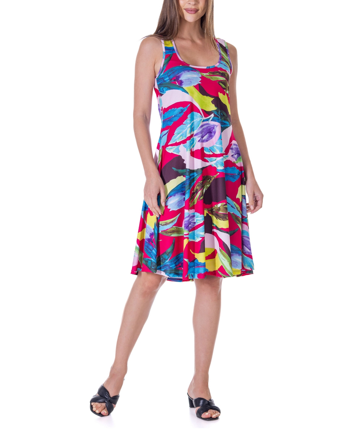 24seven Comfort Apparel Women's Print Sleeveless Knee Length Tank Swing Dress In Miscellane