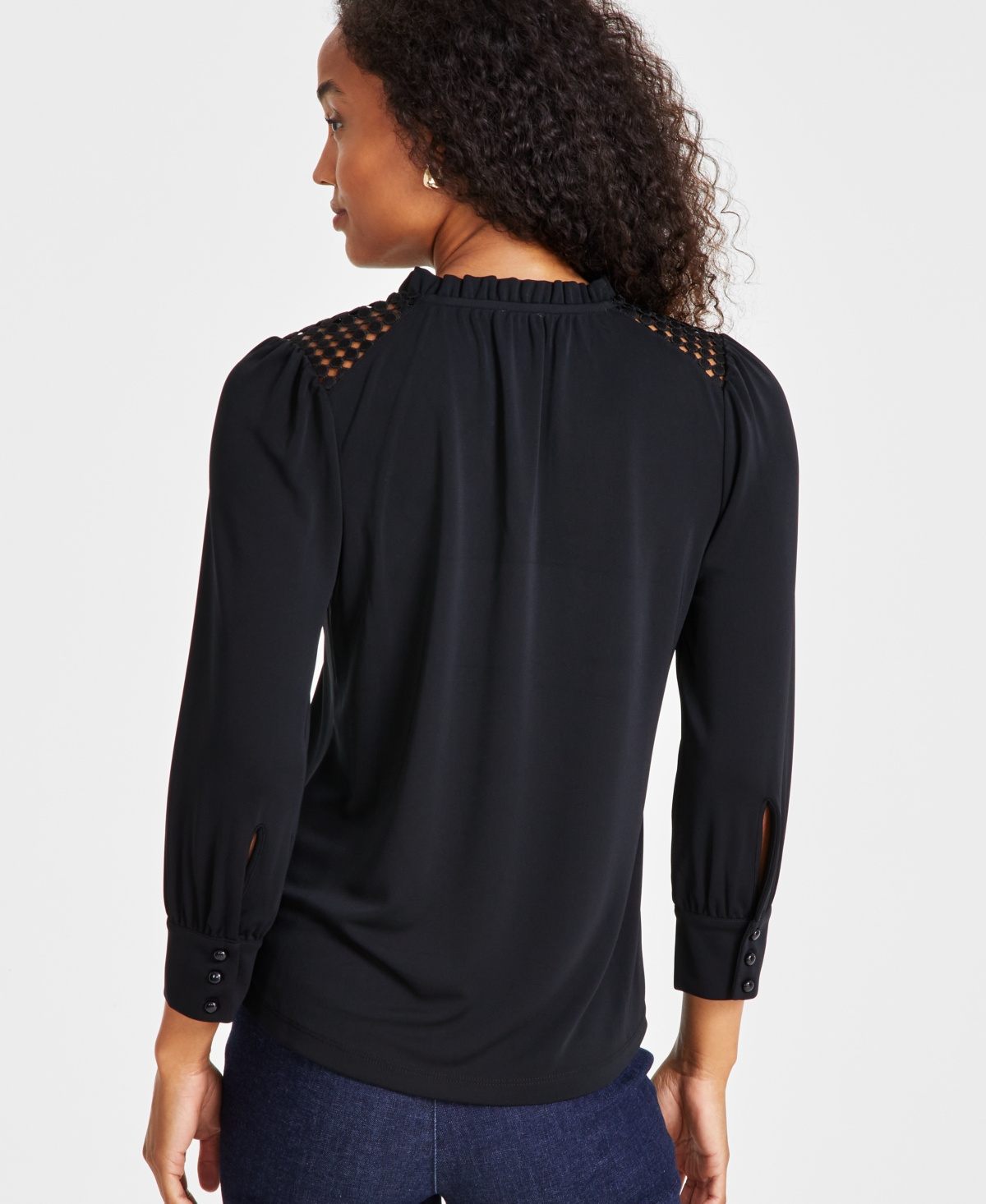 Anne Klein Women's Tie-Neck Lace-Shoulder Jersey Top