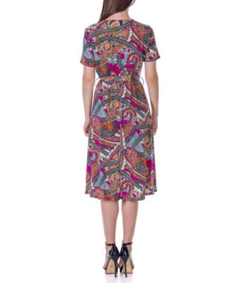 Print Short Sleeve Tie Waist Midi Dress