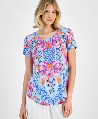 JM Collection - Petite Oasis Floral-Print Short-Sleeve Top