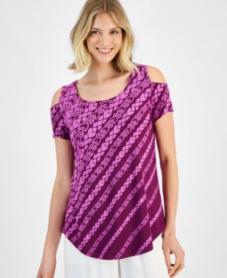 売れ筋商品|||ジェイエムコレクション カットソー トップス レディース Women's Printed Short-Sleeve Cold-Shoulder Top, Created for Macy's Blue Riviera Tiles ジェイエムコレクション レディース カットソー トップス