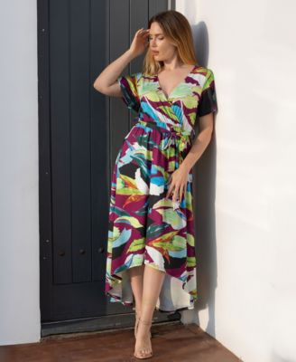 Print V Neck Belted High Low Faux Wrap Dress