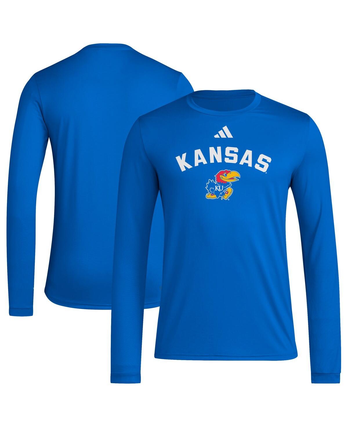 ADIDAS ORIGINALS MEN'S ROYAL KANSAS JAYHAWKS ALTERNATE PRE-GAME HOOK AEROREADY LONG SLEEVE T-SHIRT 