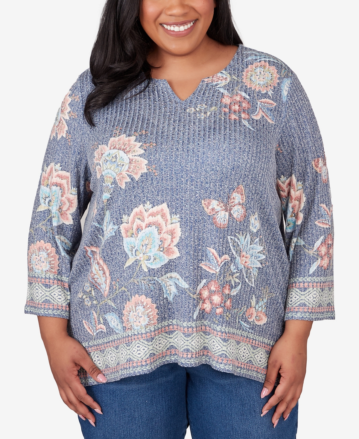 Plus Size Scottsdale Floral Border Split Neck Top - Navy Multi