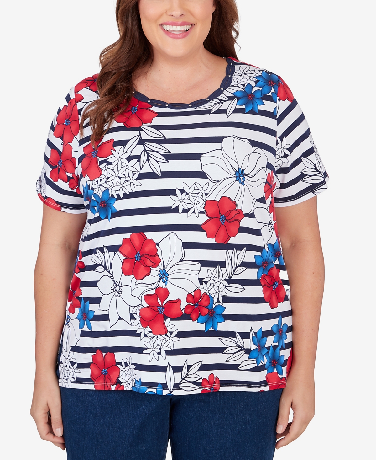 Alfred Dunner Plus Size Floral Stripe Braided Neck Tee In Multi