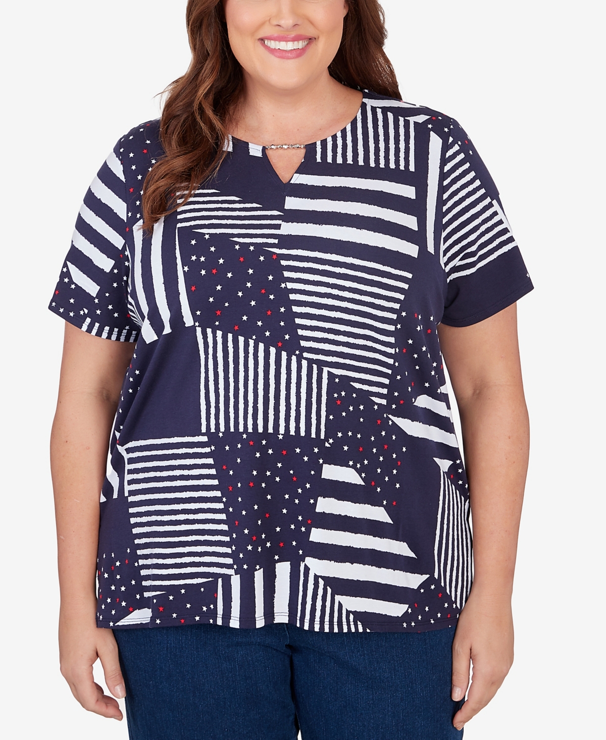 Alfred Dunner Plus Size Stars And Stripes Split Neck Tee In Blue