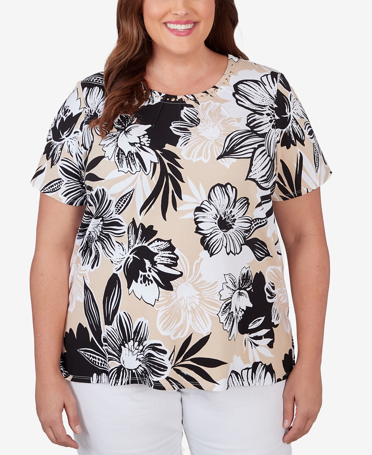 Alfred Dunner Plus Size Pleated Neck Bold Floral Short Sleeve Tee In Black,tan