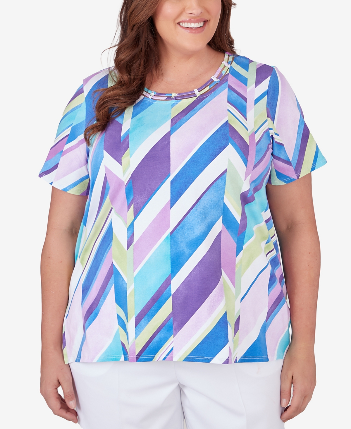 Alfred Dunner Plus Size Double Strap Broken Chevron Tee In Bright