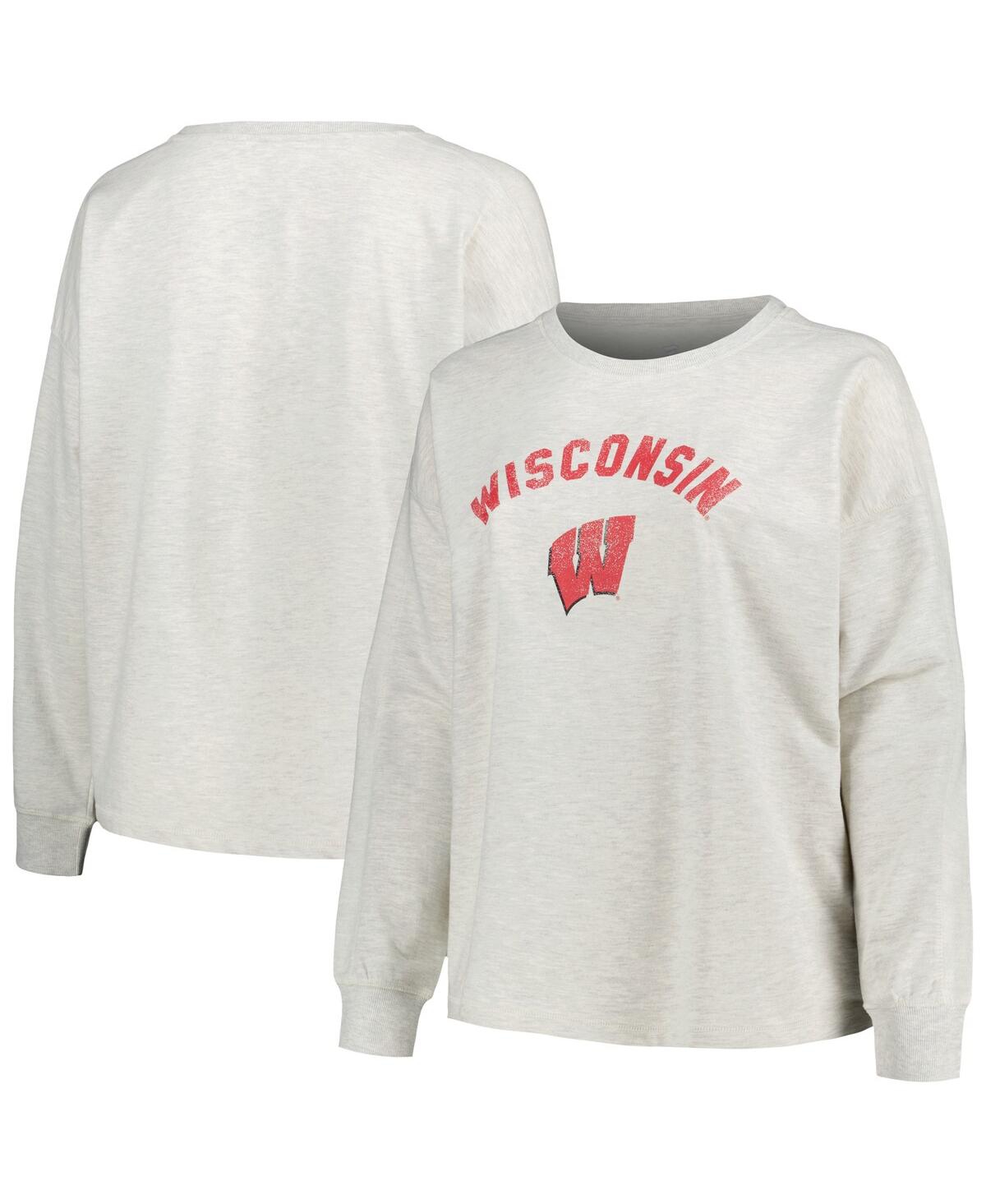 Women's Oatmeal Wisconsin Badgers Plus Size Distressed Arch Over Logo Neutral Boxy Pullover Sweatshirt - Oatmeal