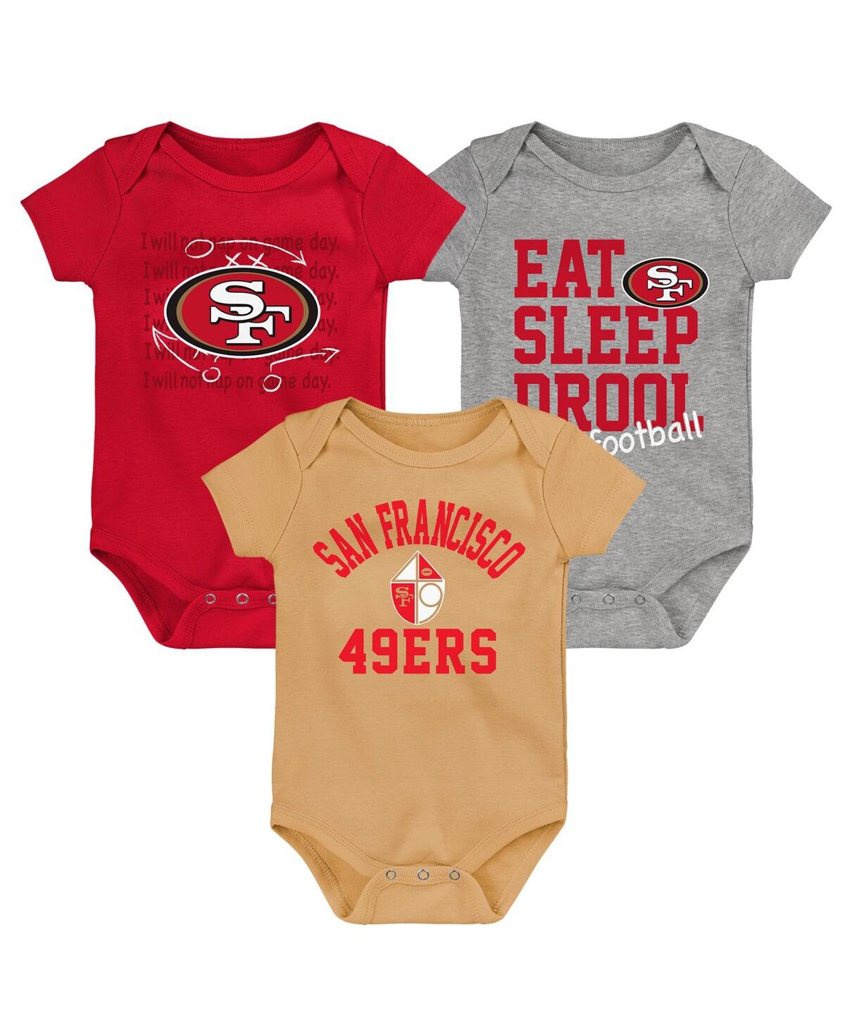 Outerstuff Newborn Infant Gold/scarlet/heather Gray San Francisco 49ers Three-pack Eat, Sleep Drool Retro Bodys In Multi