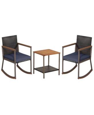 3 Pieces Rattan Rocking Bistro Set with Coffee Table and Cushions