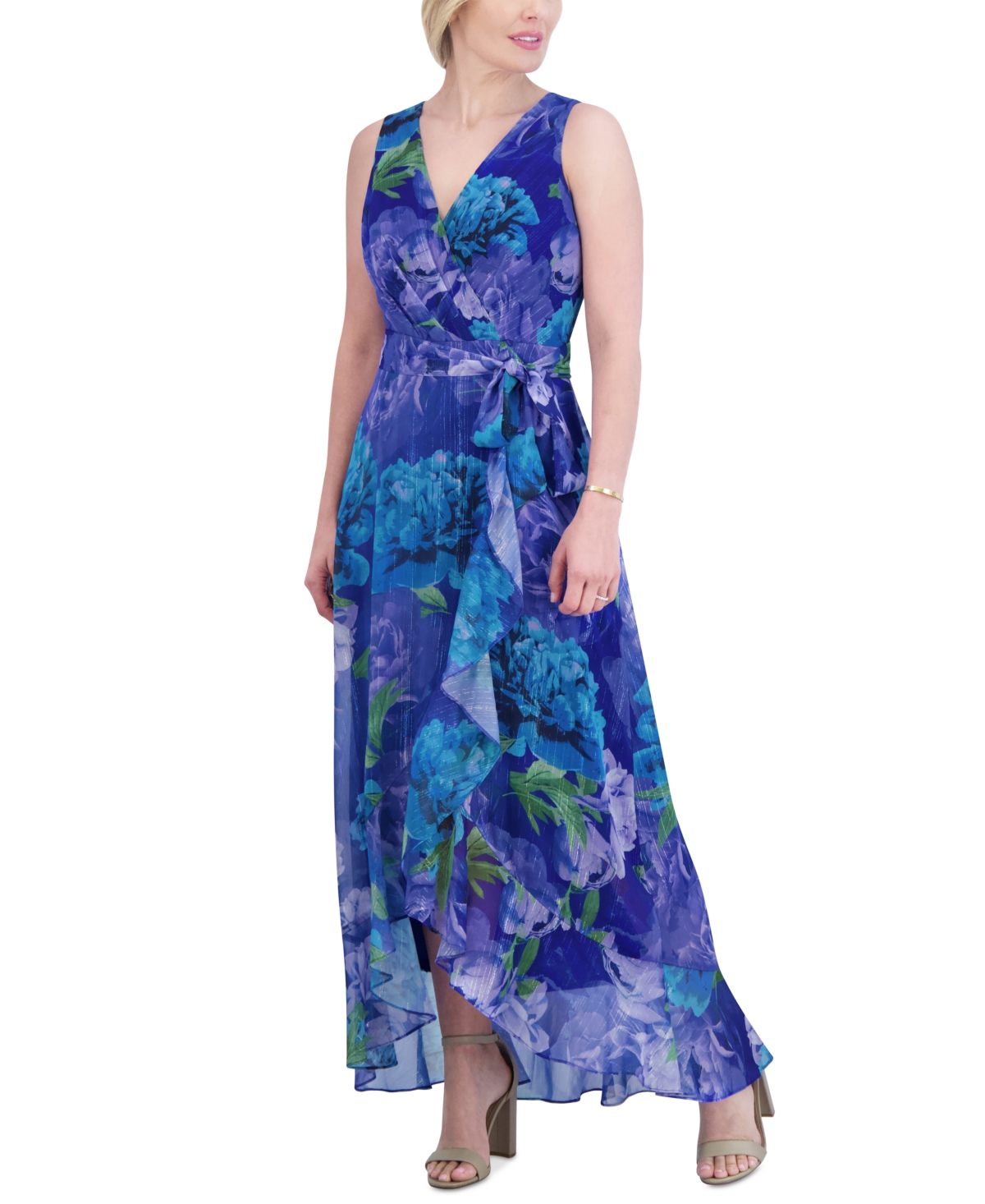 Shop Jessica Howard Women's Metallic Tie-waist Ruffle-hem Dress In Blue