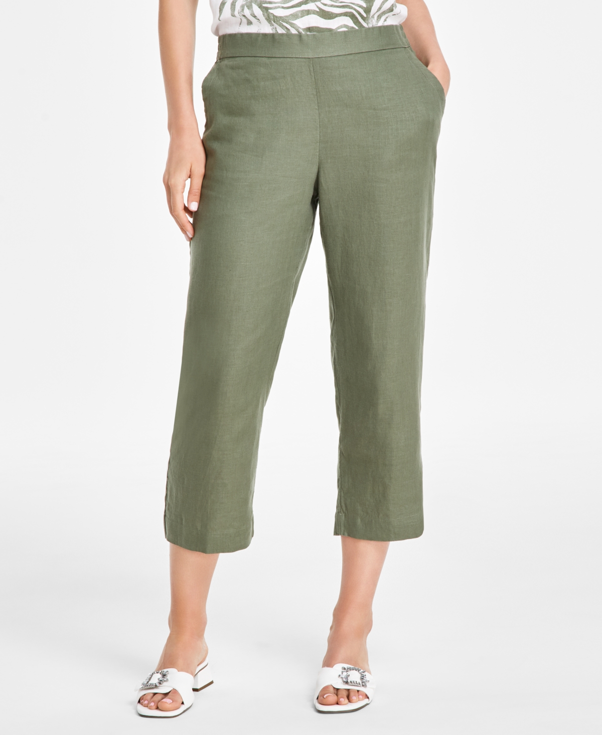 CHARTER CLUB WOMEN'S 100% LINEN SOLID CROPPED PULL-ON PANTS, CREATED FOR MACY'S 