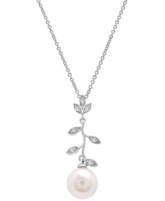 Macy's - Cultured Freshwater Pearl (7mm) & Diamond (1/20 ct. t.w.) Vine 18" Pendant Necklace in Sterling Silver