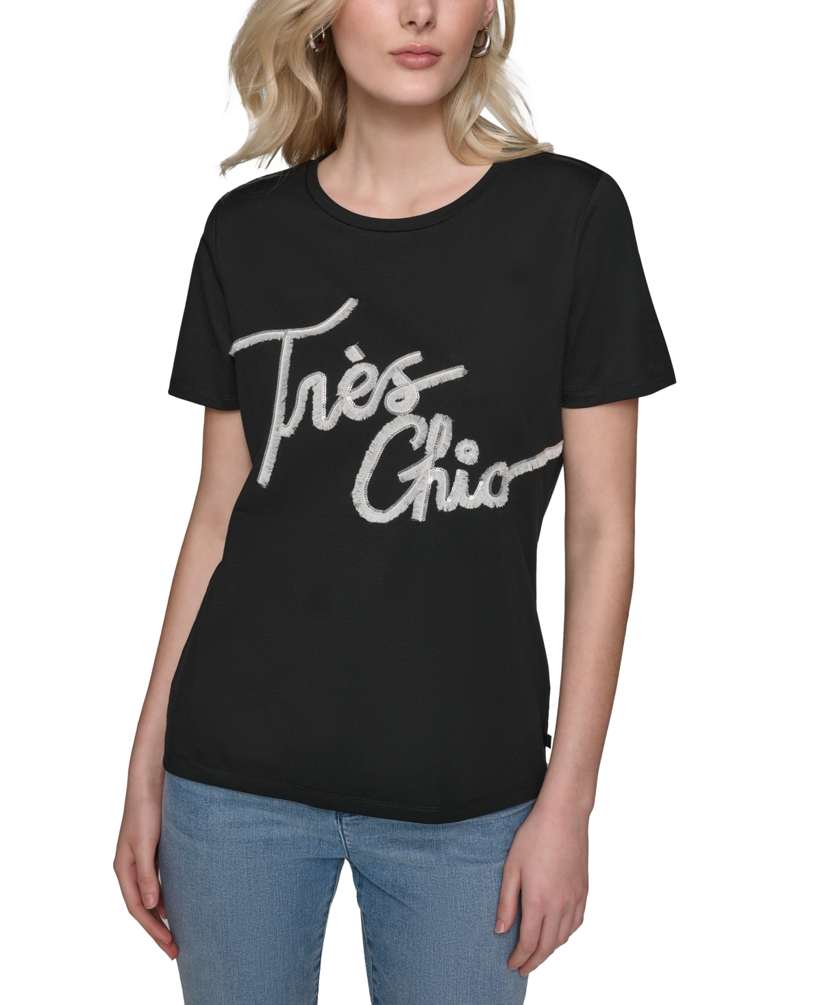Shop Karl Lagerfeld Women's Tres Chic Fringe-logo T-shirt In Black  White